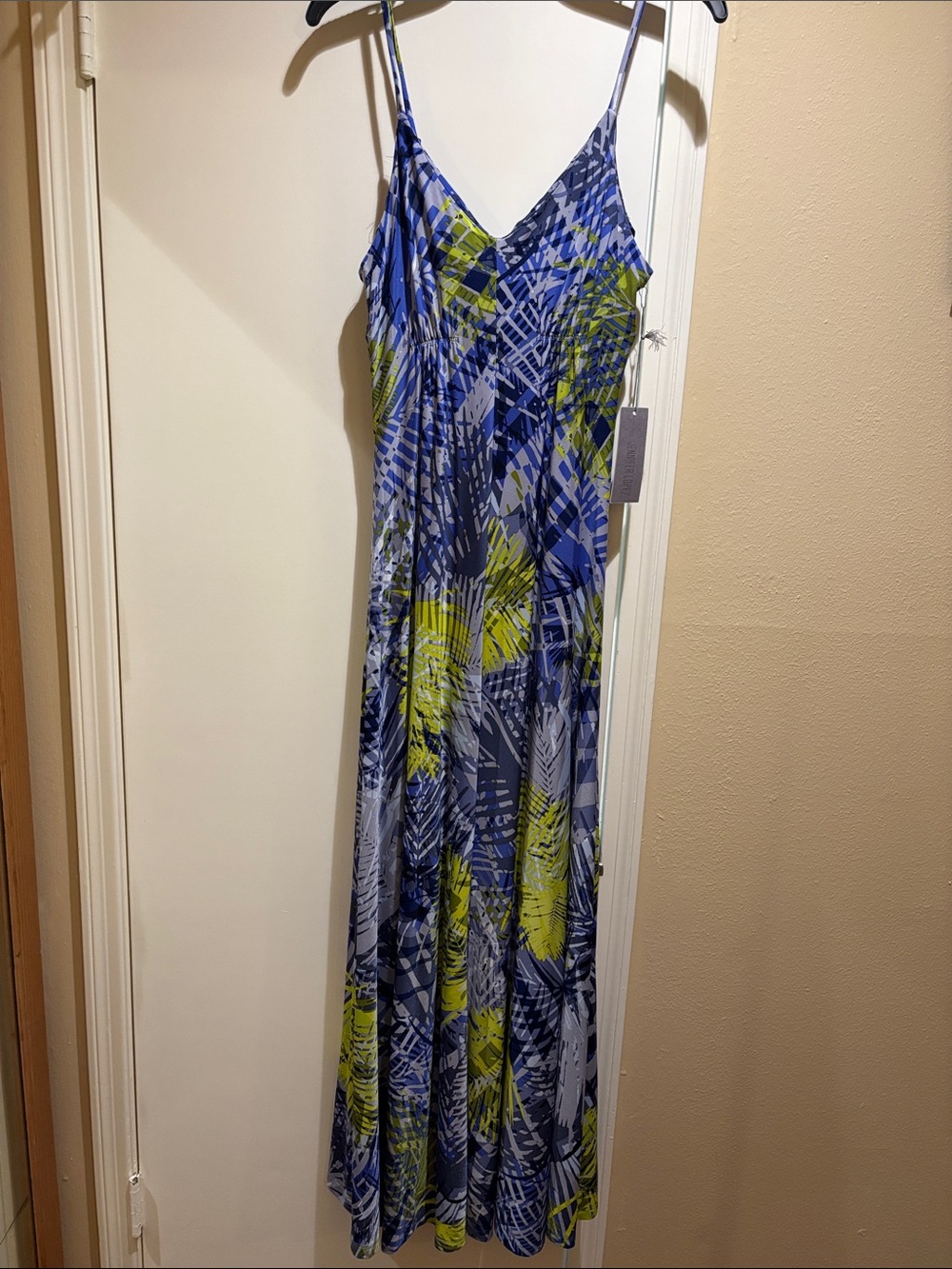 Jennifer Lopez Blue and Lime Abstract-Print Spaghetti-Strap Maxi Dress